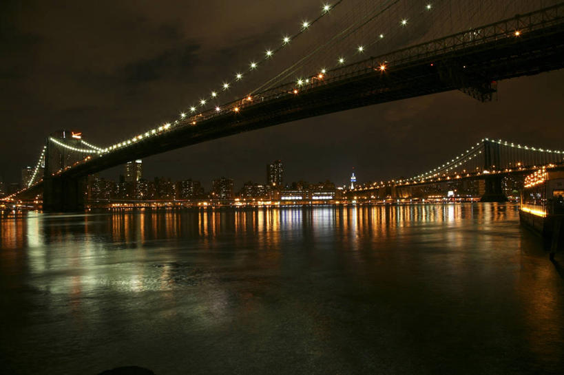 无人,横图,室外,夜晚,河流,水,城市,建筑,纽约,美国,反射,联系,现代,摄影,吊桥,宁静,市区,纽约州,布鲁克林桥,布鲁克林,彩图,旅行,东河