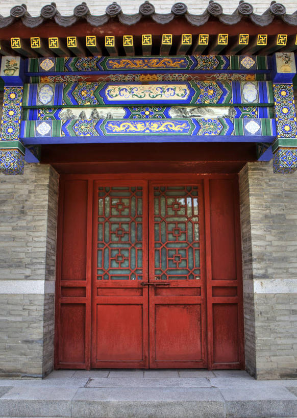 无人,竖图,室外,白天,门,建筑,亚洲,关闭,装饰,屋檐,拱门,红色,汉字,摄影,封闭,中国文化,陕西省,彩图,传统文化