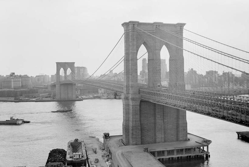 无人,横图,俯视,黑白,室外,白天,天际线,建筑,纽约,美国,桥,摄影,吊桥,布鲁克林桥,高角度拍摄,东河