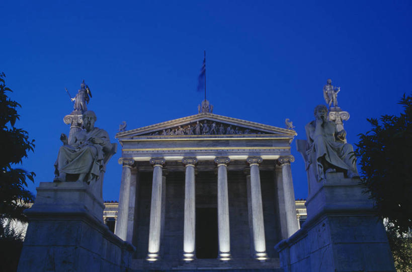 无人,横图,室外,夜晚,正面,仰视,建筑,希腊,标志,雕像,符号,柱子,首都,标识,摄影,希腊文化,性别符号,雅典学院,彩图,低角度拍摄,大学,男性符号