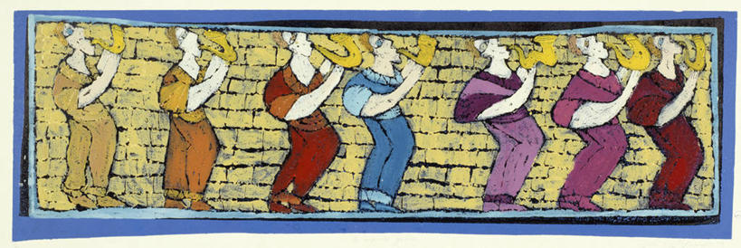 成年人,人群,横图,全景,插画,室外,白天,数码,科技,表演,阴影,网络,圣经,小号,高光,几何,计算机图形,音乐,合成,图画,砖墙,画,宗教,电脑合成图,数码合成图,基督教,合成图,漫画,写实,具体,具象,旧约,彩图,耶利哥