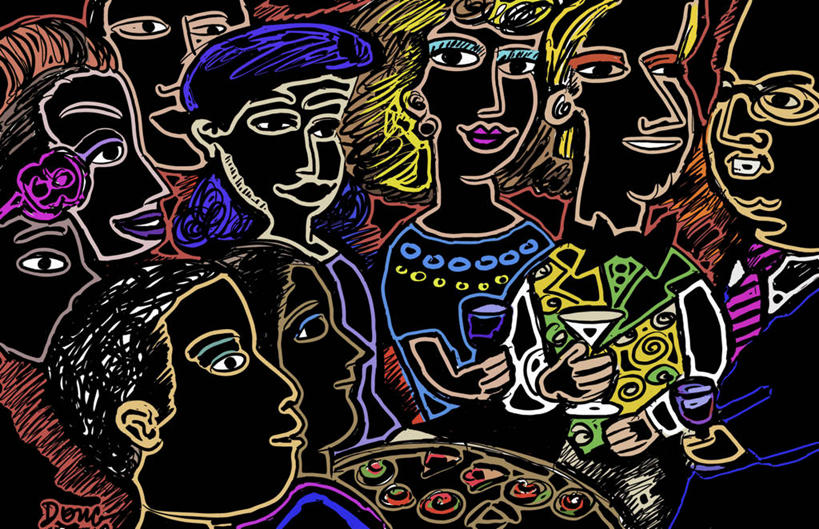 成年人,中年人,脸,头,脸颊,人群,观众,微笑,横图,插画,室内,侧面,抽象,聚会,绘画,夜生活,快乐,幸福,数码,科技,喝,阴影,黑色背景,庆祝,艺术,网络,聚餐,许多人,高光,几何,计算机图形,古典,合成,图画,文化,现代,饮食,肩膀,画,饮料,工艺品,社区,品味,一群人,乐趣,多样,美术,电脑合成图,数码合成图,高雅,享乐,合成图,群众,漫画,计算机制图,写实,具体,具象,美学,想法,美术工艺,团结,中年男性,中年女性,头部,脸部,脸蛋,面部,彩图,全画面,全框架,全帧,全画幅,鸡尾酒会