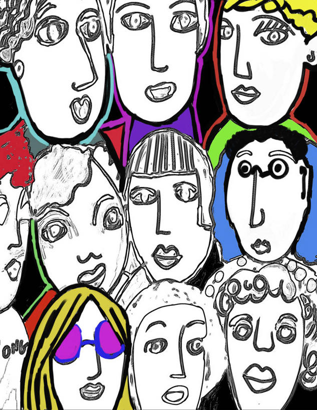 成年人,脸,头,脸颊,一个人,人群,观众,竖图,插画,正面,抽象,聚会,绘画