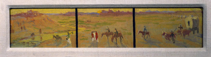 成年人,横图,全景,插画,室外,白天,绘画,数码,科技,草原,马,骑马,阴影,艺术,网络,地平线,地形,田地,辽阔,地面,高光,几何,计算机图形,古典,合成,图画,历史,文化,画,骑,工艺品,品味,广阔,运输,一望无际,美术,电脑合成图,数码合成图,高雅,合成图,延伸,漫画,美国文化,天地相交,写实,具体,具象,美学,驴子,无边无际,一马平川,美术工艺,男人,步行,彩图,旅行,三联画,篷车