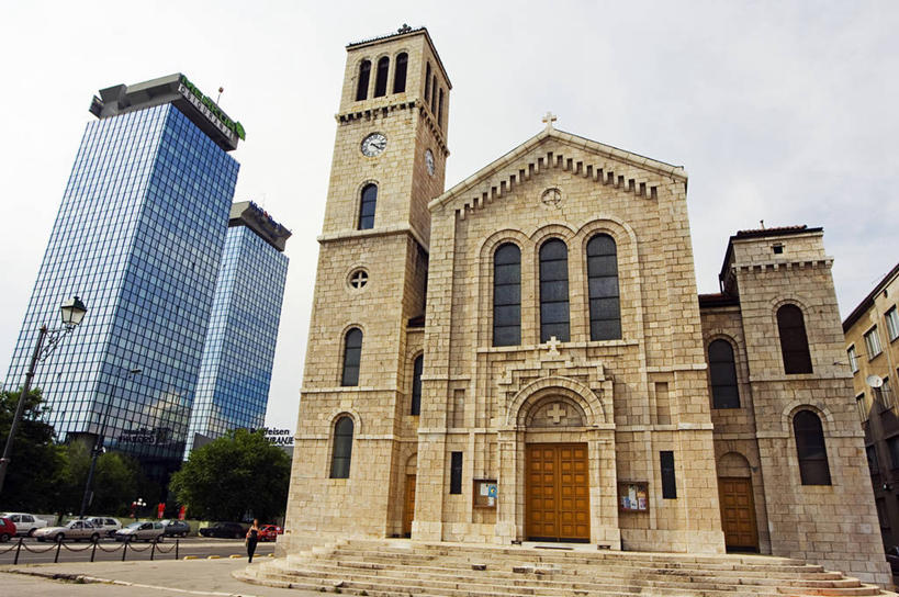 无人,教堂,横图,室外,建筑,欧洲,首都,现代,办公大楼,摄影,宗教,基督教,宗教建筑,地中海文化,巴尔干,前南斯拉夫,萨拉热窝,设计,彩图,波斯尼亚和黑塞哥维那