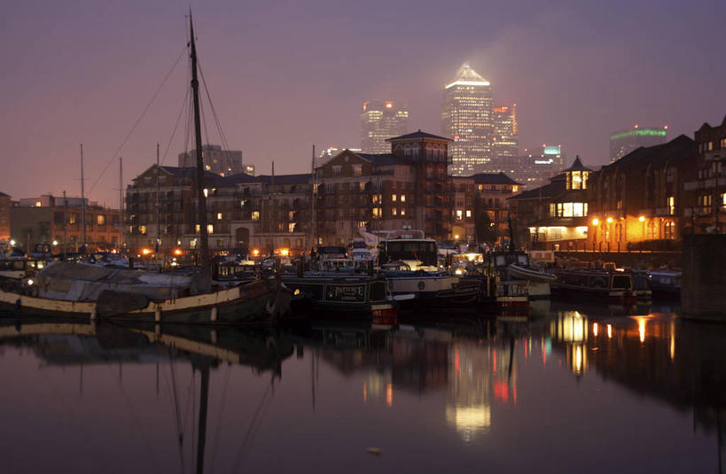 无人,栏杆,横图,室外,水,雾,城市,摩天大楼,船,英国,反射,首都,英格兰,黄昏,摄影,盆地,彩图,海港