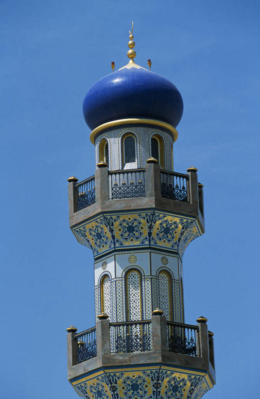 无人,竖图,建筑,阿曼,塔,黄金,蓝色,摄影,宗教,尖塔,伊斯兰教,宗教建筑,清真寺,波斯湾,塞拉莱,彩图