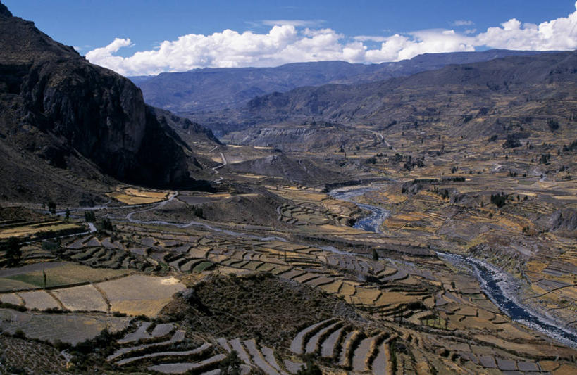 无人,农场,横图,室外,农业,梯田,河流,山脉,峡谷,秘鲁,地形,田地,山谷,南美,摄影,彩图