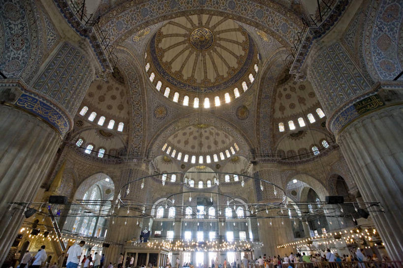 无人,横图,室内,天花板,城市,建筑,欧洲,亚洲,摄影,宗教,伊斯兰教,清真寺,伊斯坦布尔,蓝色清真寺,式样,彩图