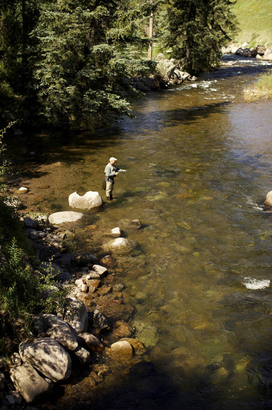 西方人,成年人,中年人,老年人,一个人,站,竖图,俯视,室外,白天,河流,森林,水,欧洲,美国,欧洲人,仅一个男性,仅一个人,仅一个中年男性,树,摄影,科罗拉多州,范尔,老年男性,男人,男性,中年男性,白种人,钓竿,岩石,休闲活动,彩图,高角度拍摄,钓鱼