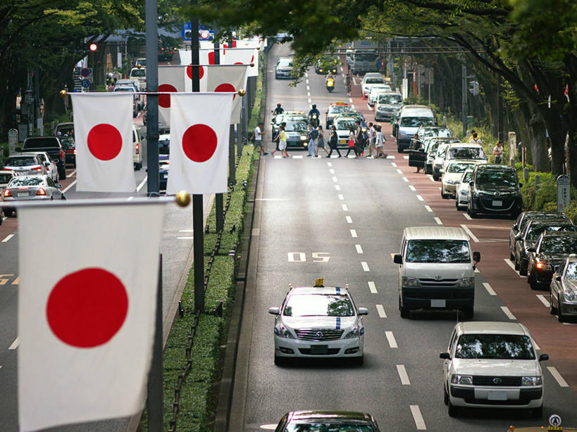 横图,俯视,室外,白天,街道,汽车,东京,日本,亚洲,日本文化,日本国旗,交通,首都,运输,摄影,东亚,爱国主义,本州,关东地方,本州岛,日本国,东京都,涩谷,涉谷,涩谷区,原宿,彩图,高角度拍摄