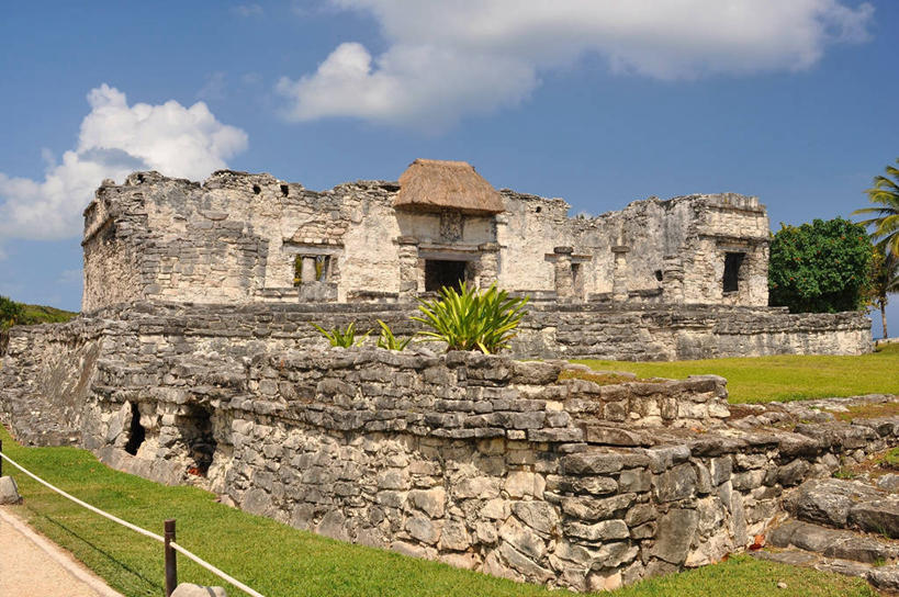 无人,横图,室外,白天,建筑,墨西哥,云,历史,石墙,废墟,草,天空,摄影,宁静,拉丁美洲,玛雅文明,图伦,彩图