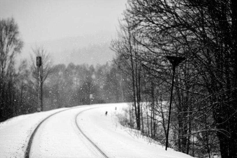 无人,横图,黑白,室外,白天,雪,路,铁路,弯曲,冬天,下雪,轨道,交通,铁轨,天气,树,天空,自然,寒冷,运输,摄影,捷克共和国