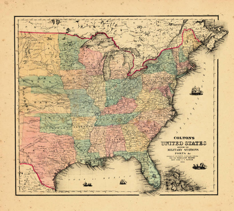 无人,横图,地图,美国,历史,古董,北美,内战,彩图