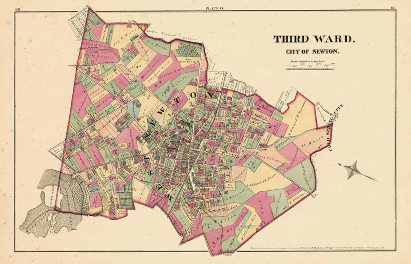 无人,横图,城市,地图,城镇,历史,古董,马萨诸塞,牛顿,彩图,地图学