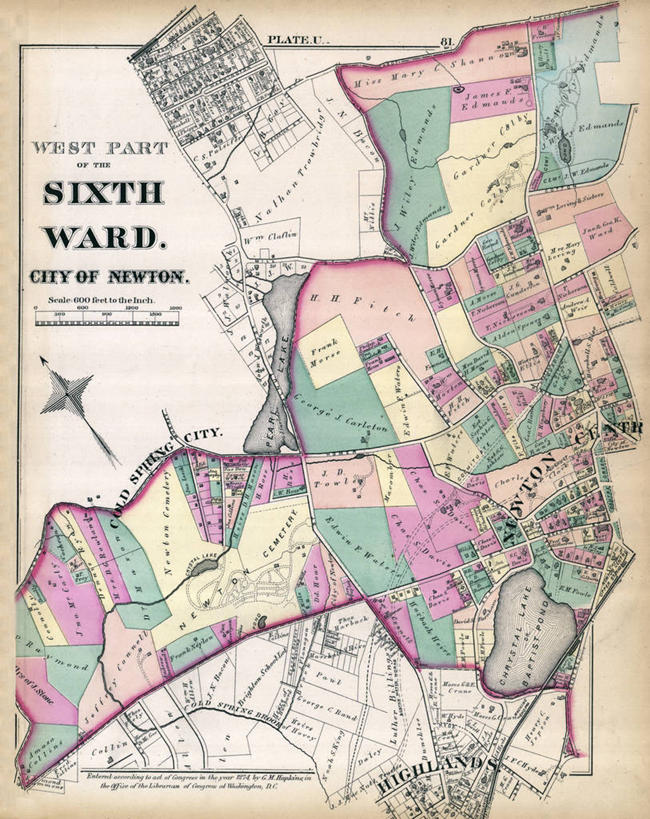 无人,竖图,地图,城镇,历史,古董,马萨诸塞,牛顿,彩图,地图学