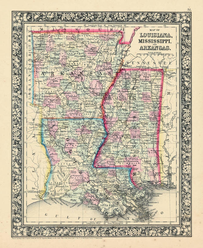 无人,竖图,地图,历史,古董,路易斯安那州,阿肯色州,密西西比州,彩图,地图学