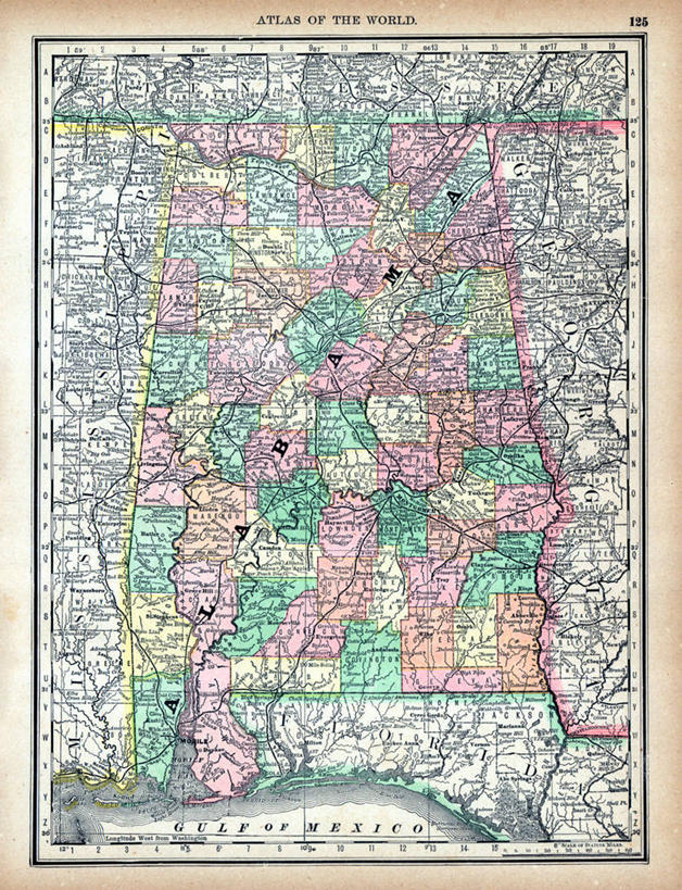 无人,竖图,地图,历史,古董,阿拉巴马州,彩图,地图学