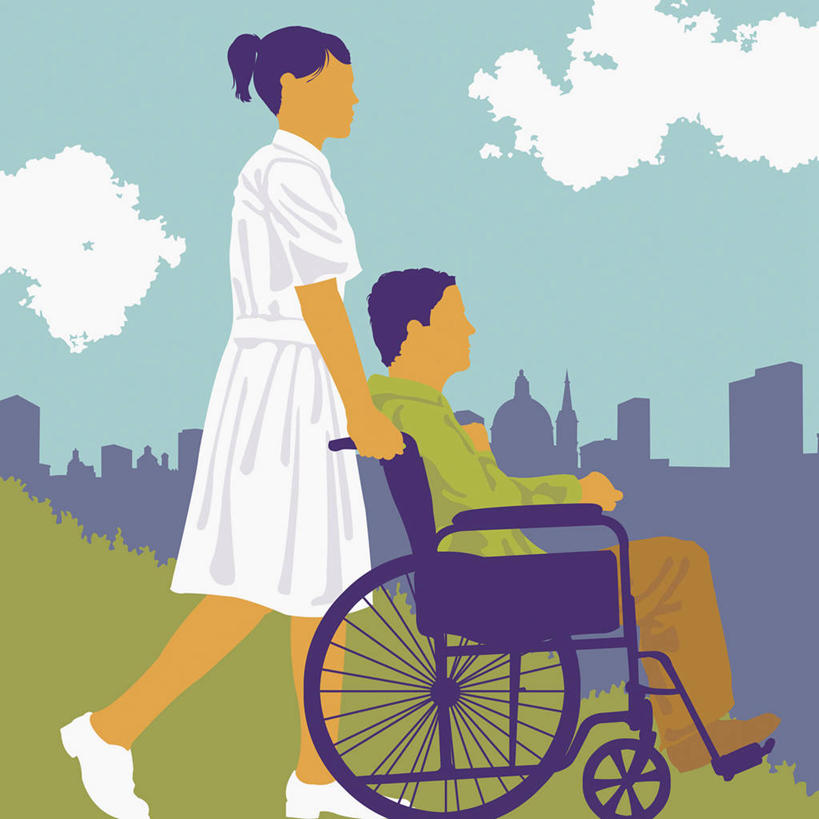 成年人,两个人,病人,护士,公园,坐,推,方图,插画,室外,白天,侧面,制服,度假,数码,科技,美景,城市风光,城市,阴影,网络,景观,云,高光,几何,计算机图形,合成,图画,依靠,娱乐,画,蓝色,天空,轮椅,职业,享受,休闲,景色,放松,运输,电脑合成图,数码合成图,控制,合成图,关爱,残疾,漫画,待遇,计算机制图,恢复,写实,具体,具象,男人,女人,步行,彩图,弱点