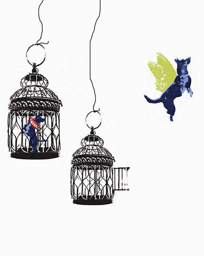 无人,竖图,插画,自由,旅途,异乎寻常,数码,科技,狗,吊挂,悬挂,阴影,网络,笼子,鸟笼,高光,几何,计算机图形,挂,合成,图画,飞,画,自然,动物,两只,上升,幽默,电脑合成图,数码合成图,合成图,漫画,写实,具体,具象,无忧无虑,冒险,彩图