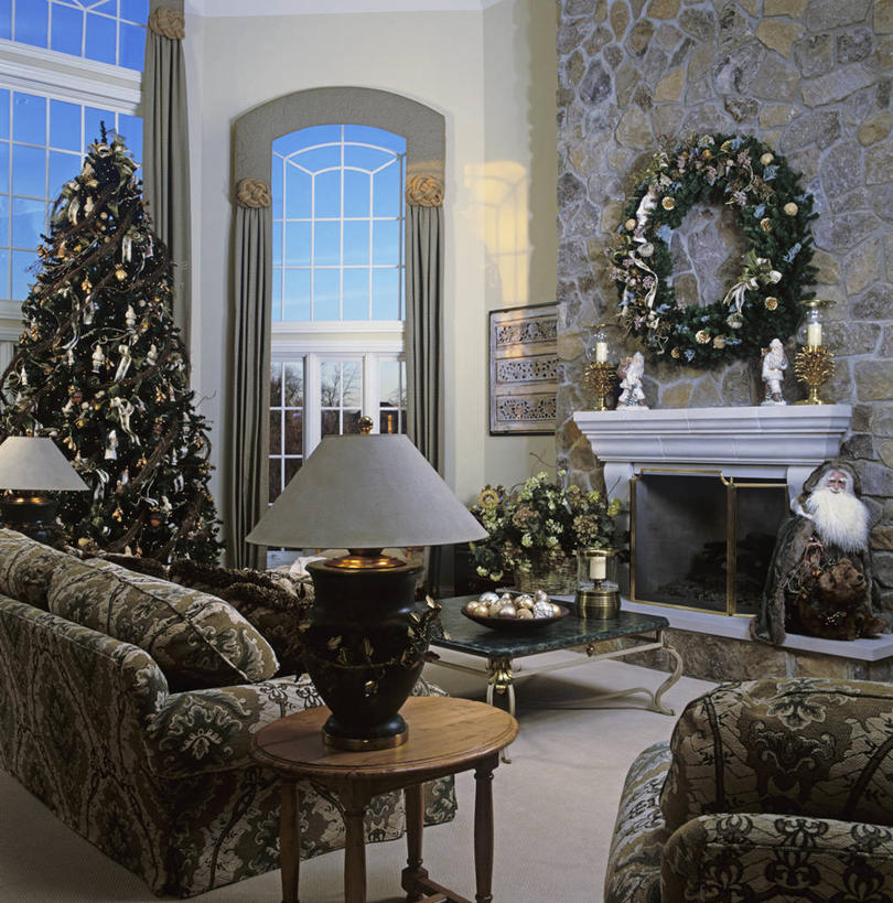 家庭,壁炉,窗帘,沙发,圣诞节,节日,装饰,花环,圣诞树,缎带,茶几,碗,奶油,起居室,高雅