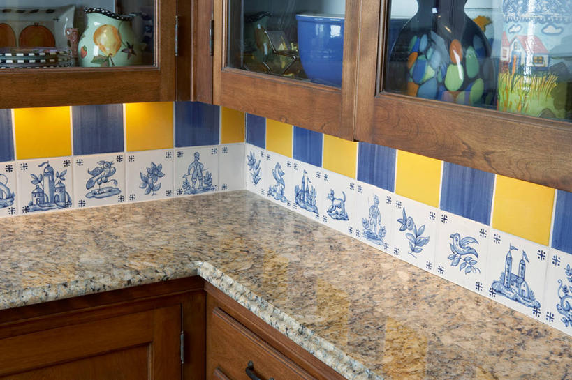 横图,厨房,瓷砖,黄色,蓝色,花岗岩,式样