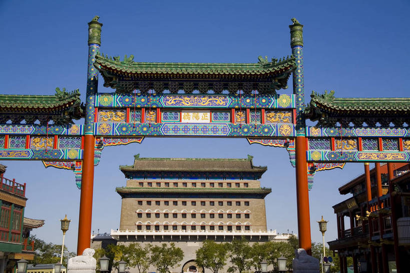 无人,横图,彩色,室外,特写,白天,旅游,度假,名胜古迹,标志建筑,地标,建筑,北京,中国,亚洲,遗迹,牌坊,古迹,文物,娱乐,建设,古建筑,树,蓝天,享受,休闲,旅游胜地,放松,摄影,城楼,古代建筑,前门,古文明,东亚,中华人民共和国,旅行,大栅栏,传统文化,bj174