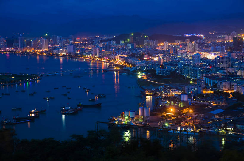 无人,横图,俯视,彩色,室外,旅游,城市风光,建筑,夜景,船,三亚,中国,亚洲,建筑群,桥,灯光,现代建筑,海南,天空,灿烂,旅游胜地,摄影,海滨,东亚,三亚湾,中华人民共和国,海,旅行,bj174