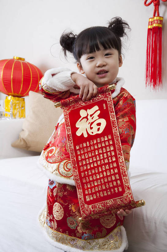 中国,春节,新年,亚洲,传统服饰,节日,书法,图片,红灯笼,小孩,小女孩
