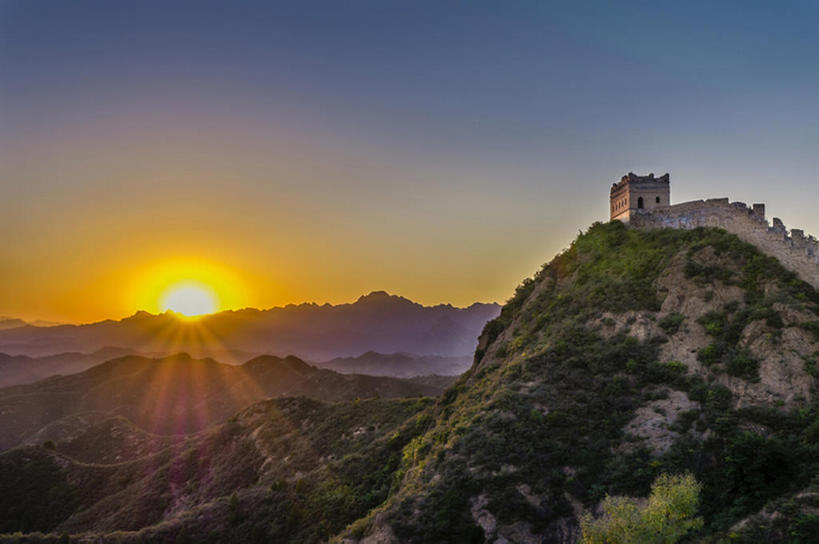 横图,室外,日落,太阳,长城,中国,墙,地形,风景,天空,东亚,河北省,金山岭,bj175